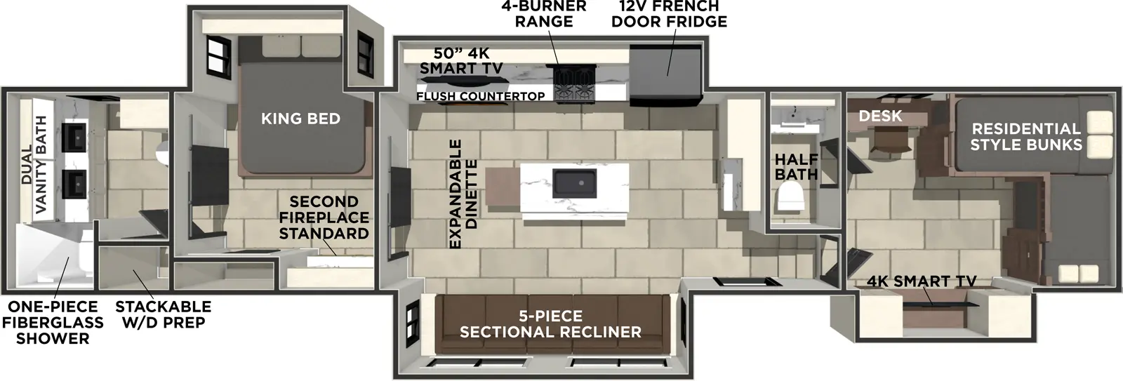 The Sanibel 39BUNK floorplan has one entry and four slide outs. Exterior features include: fiberglass exterior. Interiors features include: bunk beds, kitchen island, rear bathroom and bathroom and a half.